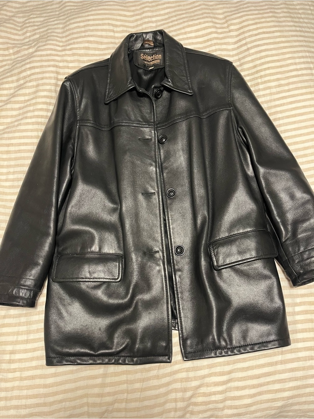 Women’s Black Leather Button-Front Coat